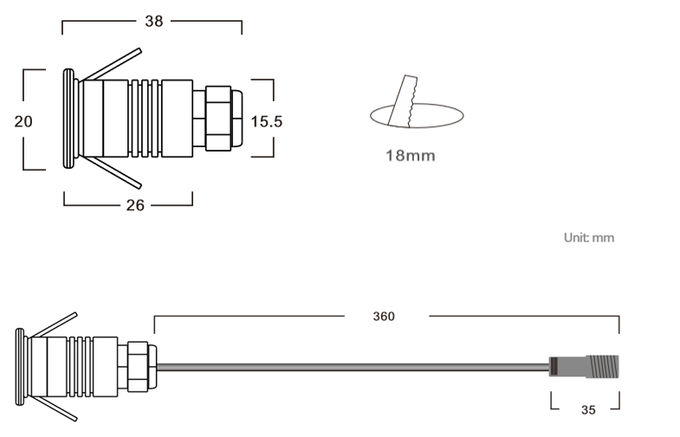 فولاد ضد زنگ کوچک در فضای باز چراغ زیرزمینی، 1W / IP67 / DC12V / قطع 18mm