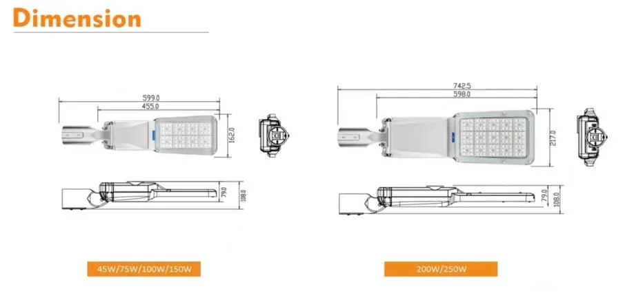 چراغ های خیابان LED با پشتیبانی کنترل هوشمند 100W 0-10V Dim Die Casting آلومینیوم ضد آب IP65 175lm / W 7