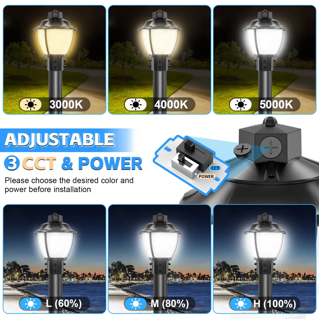 چراغ باغ LED قابل تنظیم ضد شوک IP65 48/64/80W ضد آب 130lm / W فانوس سیاه و سفید چمن 0