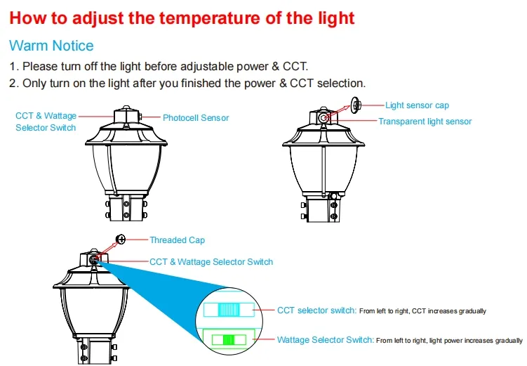 چراغ باغ LED قابل تنظیم ضد شوک IP65 48/64/80W ضد آب 130lm / W فانوس سیاه و سفید چمن 7