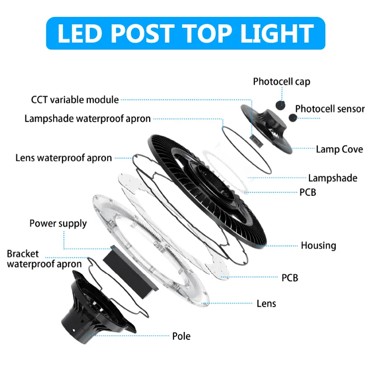 چراغ باغی LED قابل تنظیم 150 وات IP65 ضد آب داخلی 130lm/W گرد مشکی حیاط پارک محوطه بالای پایه 3